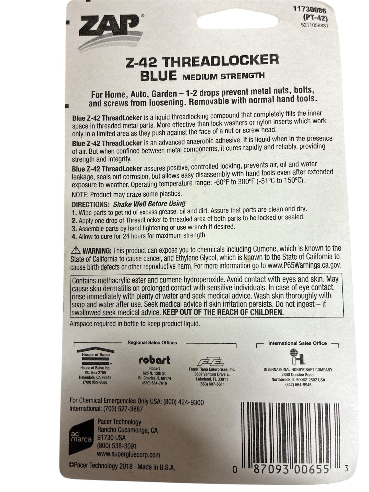 ZAP Z-42 BLUE THREAD LOCKER National Balsa